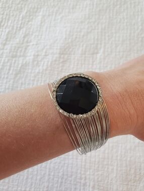 Silve-tonedr Multi-Strand Bracelet with Black Faceted Center and Crystal Halo